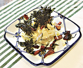 【オリジナルレシピ】柳川産じゃがいもを、柳川ならではの柚子胡椒を隠し味でシンプルに味付け、サクサクのりとカリカリベーコンがアクセント。